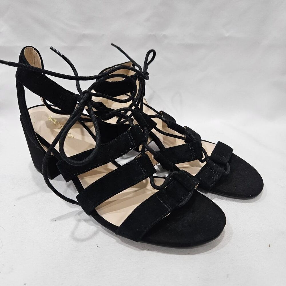 Nine West Gazania Black Suede Lace Up Block Heel Sandals Womens 7.5 M Strappy